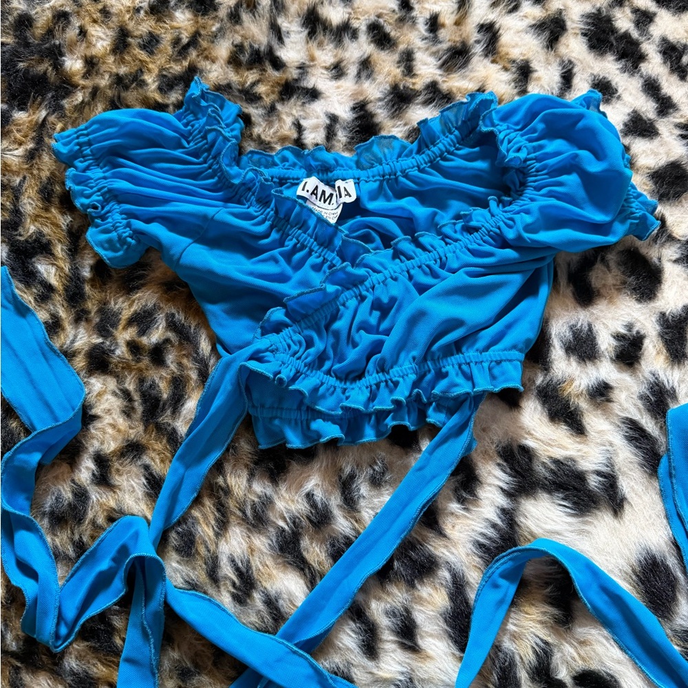 IAMGIA Bright Blue Ruched Crop Top with Tie Details